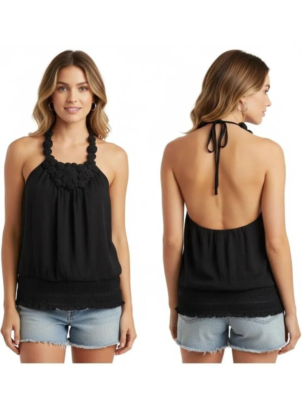 INC International Concepts Black Silk Crochet Detail Halter Boho Top Size‎ 14